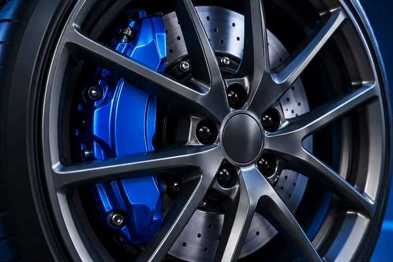 Illustration of a blue brake caliper behind a graphite wheel