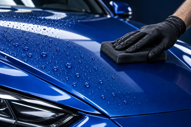 Illustration of a coating applicator and water beading on blue paint
