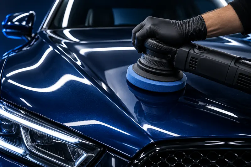 Illustration of controlled polishing on a blue car hood