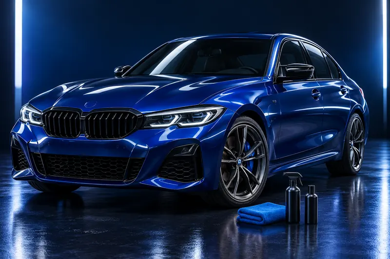 Illustration of a polished blue car with detailing supplies