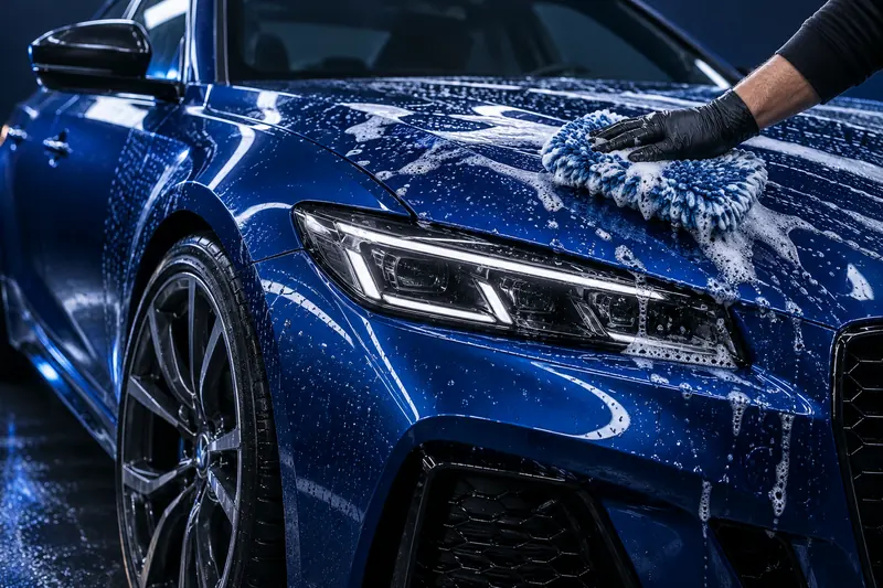 Illustration of a careful hand wash on blue paint