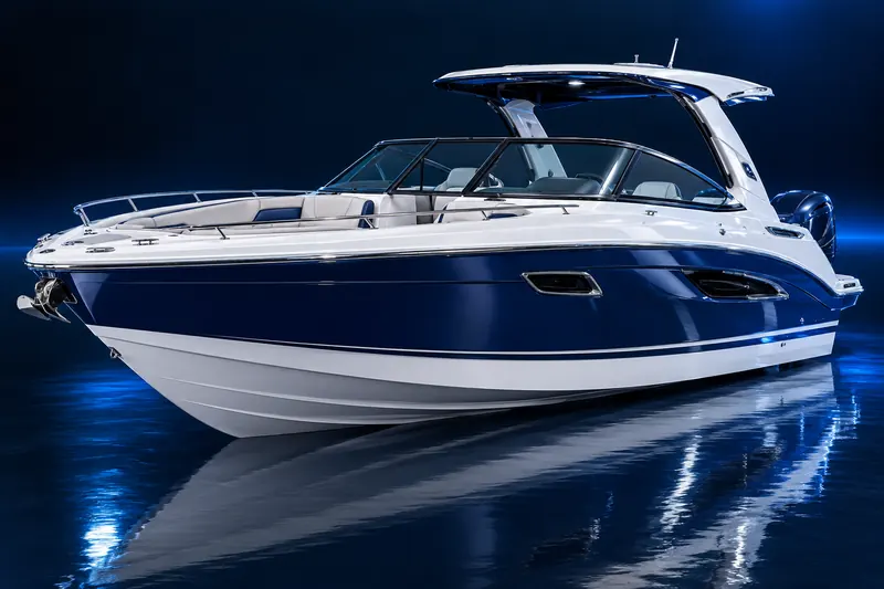 Illustration of a polished white and blue recreational boat