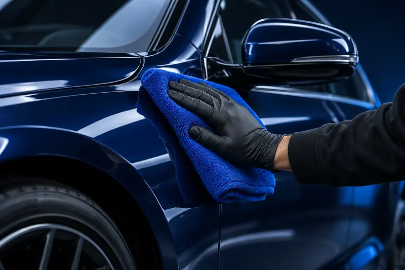Illustration of microfiber maintenance care on a blue car
