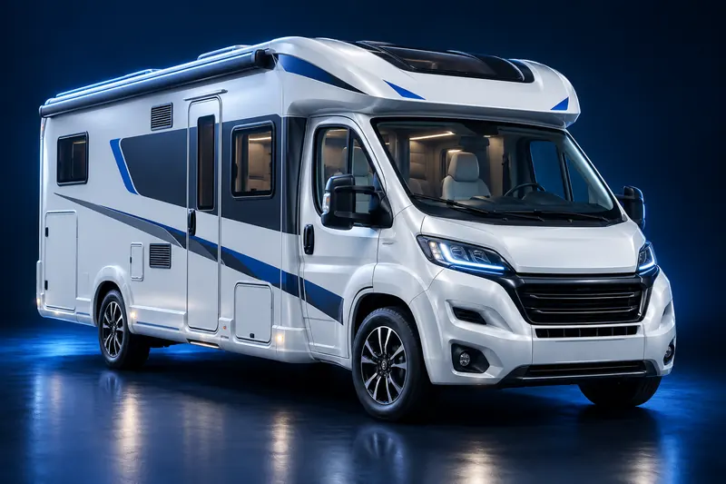 Illustration of a clean white and blue motorhome